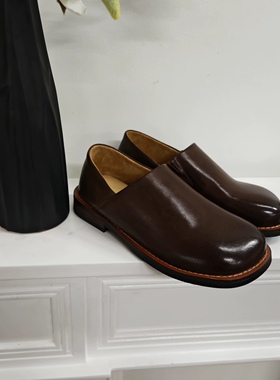 99002-1新款马皮3分跟百搭圆头复古深口单宁风女士单鞋