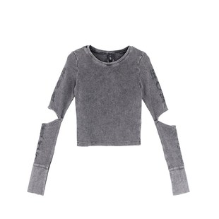 春秋chic短款紧身上衣性感破洞露肚脐印花长袖小心机爵士舞T恤女