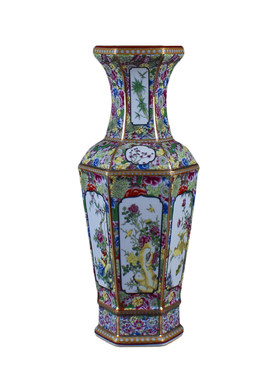 六方瓶粉彩花鸟中式风柜台工艺品