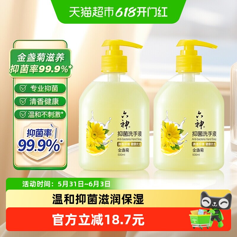 六神抑菌（金盏菊）洗手液500ml*2瓶易冲洗温和家庭装按压式