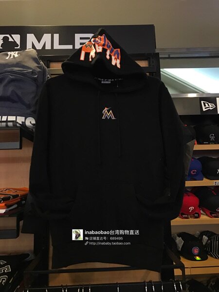 中国台湾代购MLB 马林鱼队 秋冬新纯棉长袖套头厚帽T 男连帽卫衣