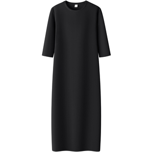 黑色修身气质连衣裙女夏季中长款中袖休闲显瘦七分袖百搭打底长裙