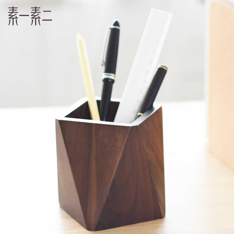 定制素一素二木质笔筒教师节礼物收纳盒学生桌面办公室实木笔座创
