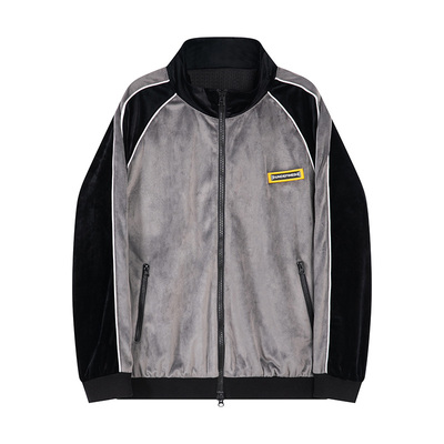 黑灰镶条双拉头ins潮流运动夹克