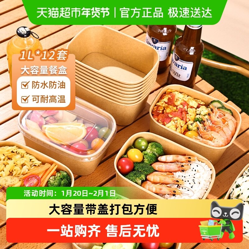 云蕾一次性牛皮纸餐盒带盖1L*12套露营野餐甜品水果便当打包盒,淘宝优惠券,粉丝福利购,淘宝优惠卷