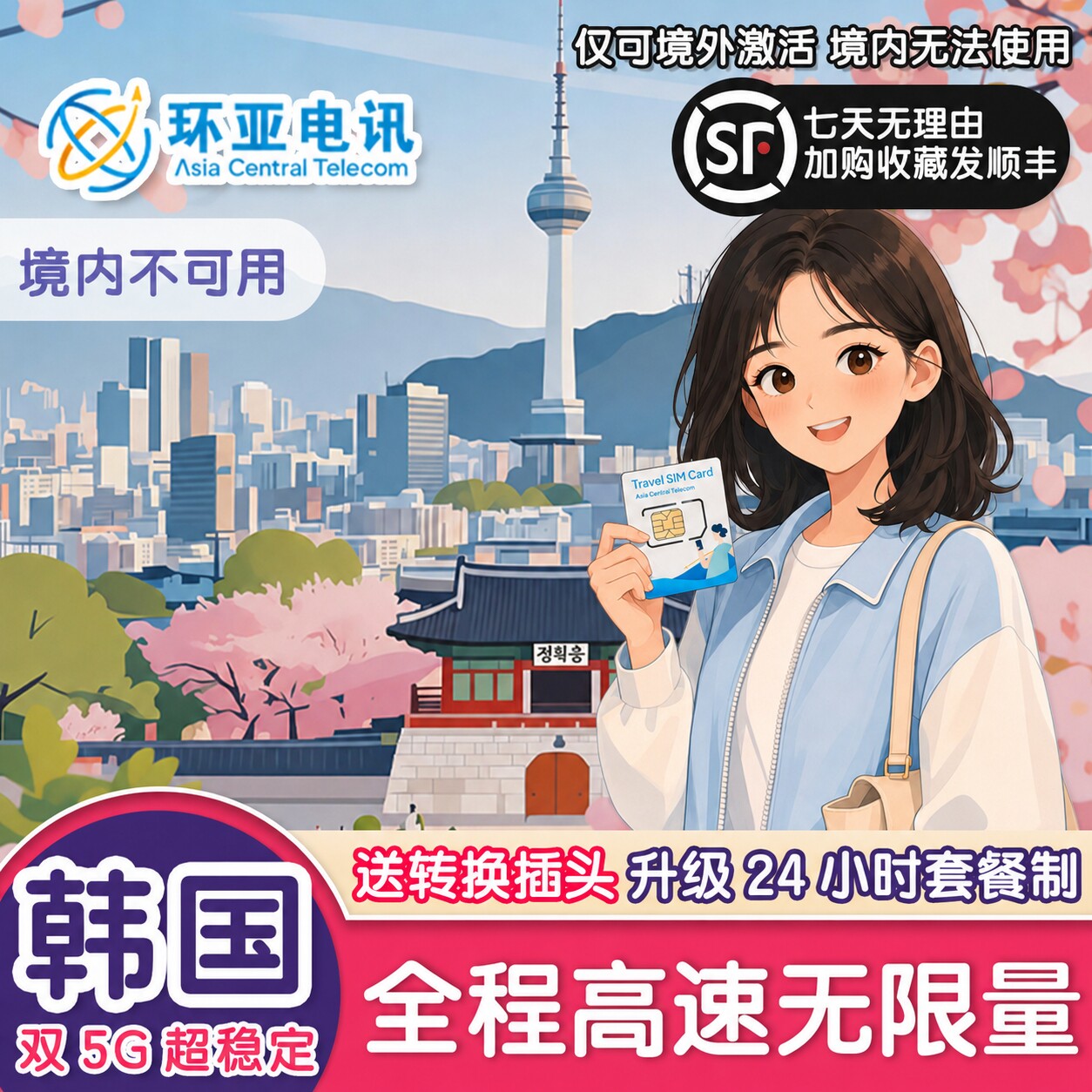 韩国电话卡5G无限流量上网卡SKT/LGu首尔济州岛釜山仁川机场sim卡