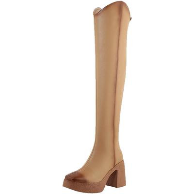 冬季新款真皮粗跟过膝长靴女全皮保暖防水台粗腿高跟长筒骑士靴子