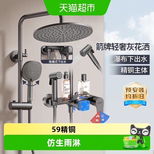 箭牌枪灰花洒全铜增压便捷置物台