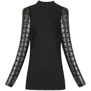 配皮草的打底衫女冬高领修身内搭加绒加厚白色羽绒棉袖子皮袖毛衣