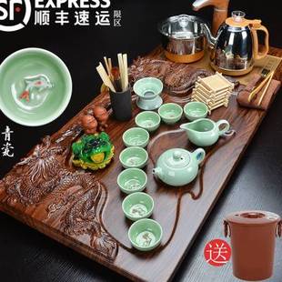 紫砂功夫茶具套装 家用简约全自动电热炉实木茶盘整套泡茶盖碗茶杯