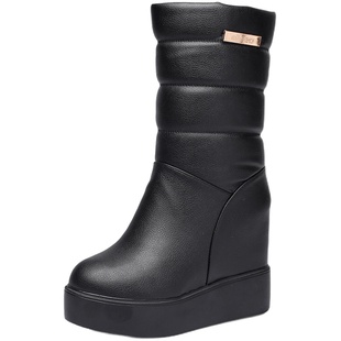 冬季厚底内增高雪地靴女皮毛一体防水皮面中筒靴高跟显瘦保暖棉鞋