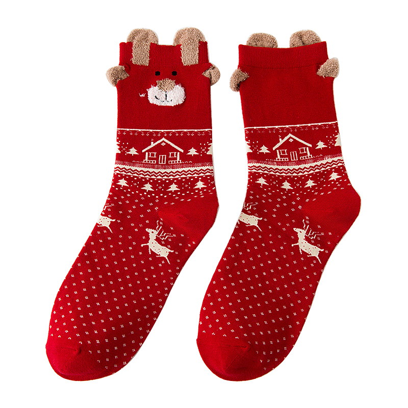 女大童均码红色纯棉圣诞袜子初中学生10中筒袜12冬季14-15岁少女