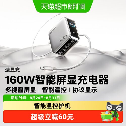 绿联160W氮化镓充电器实时屏显充