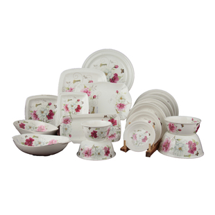 韩国木莲花家用陶瓷盘子圆盘方盘菜盘汤盘骨瓷加厚餐具花卉大中小