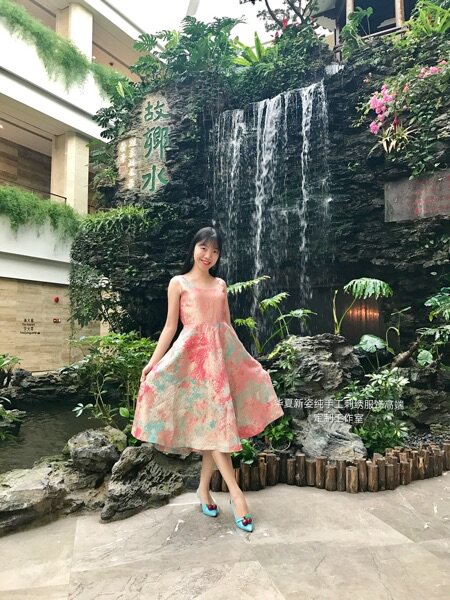新中式夏姿陈真丝提花高端定制粉色大摆裙修身夏淑女气质连衣裙