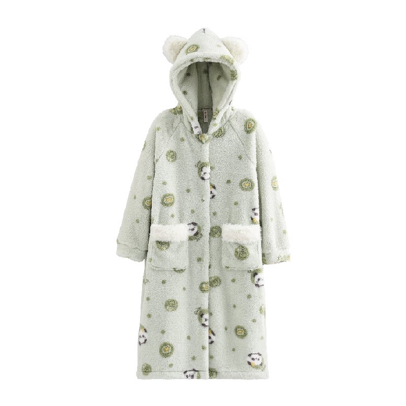 芬腾珊瑚绒睡袍女秋冬季新款加绒加厚连帽睡衣女款可爱熊猫家居服