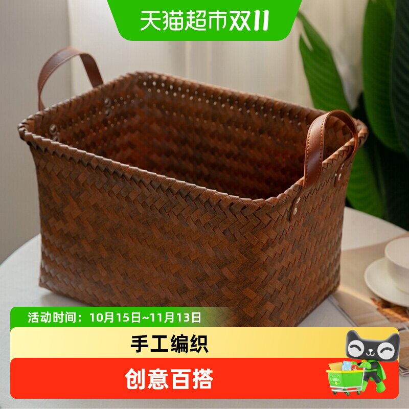 千屿美式高级收纳筐脏衣服篮仿藤编pu把手洗衣桶零食玩具脏衣篓网