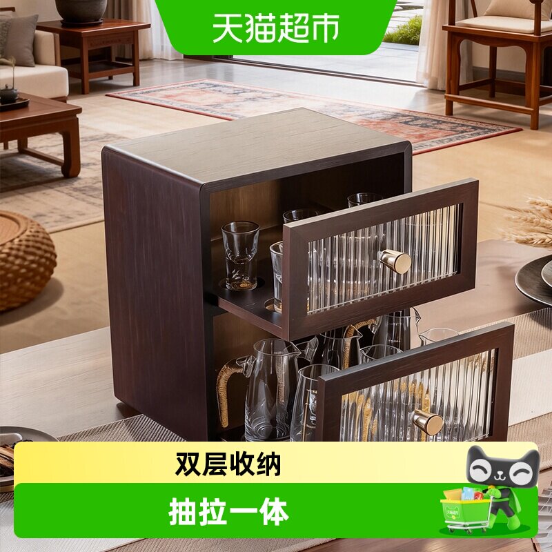 高档中式白酒杯分酒器套装家用双层实木防尘收纳抽拉式一体酒柜