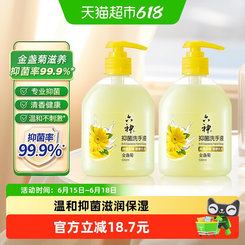 六神抑菌(金盏菊)洗手液500ml*2瓶易冲洗温和家庭装按压式
