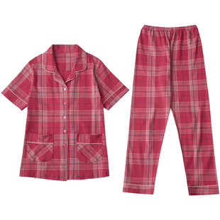 圆人睡衣夏季女士纯棉短袖长裤春秋红色本命年大码格子家居服套装