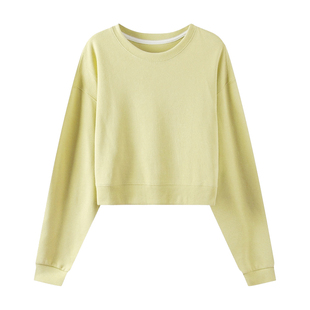 自制奶油黄短款卫衣女薄款靓丽黄鹅黄色长袖炸街盐系高腰圆领上衣