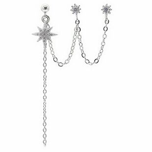 s925纯银原创设计一体银耳环连体双耳洞三耳洞耳钉防丢流苏长耳坠