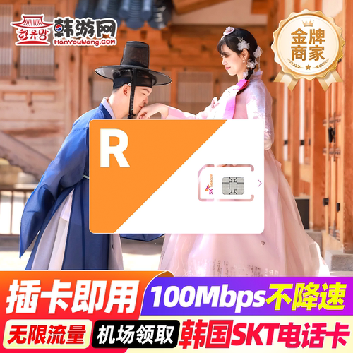 24小时制计费 SK telecom韩国原生卡 高速100Mbps永久不限速 机场自取
