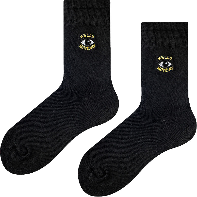 A tide sock新品眼睛情侣袜全棉个性金线刺绣中筒袜子