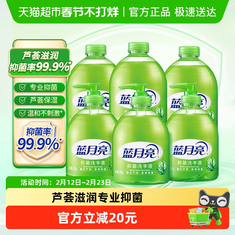 蓝月亮洗手液家用芦荟抑菌滋润瓶装500g*6瓶温和不伤手正品