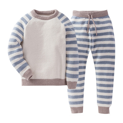 euv春秋款半边绒条纹儿童睡衣