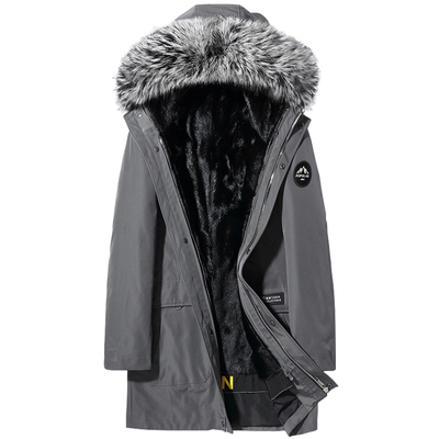 海宁皮草皮毛一体男派克服银狐毛领中长款貂裘皮大衣2023冬季外套