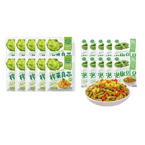 吉香居榨菜真芯鲜香味25g袋装10包+泡椒豇豆25g袋装10包