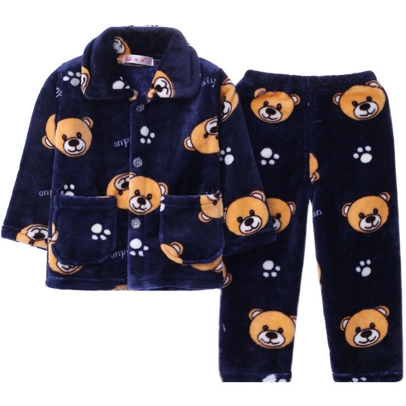 秋冬季儿童法兰绒睡衣男童女童宝宝家居服加厚套装男孩小孩珊瑚绒