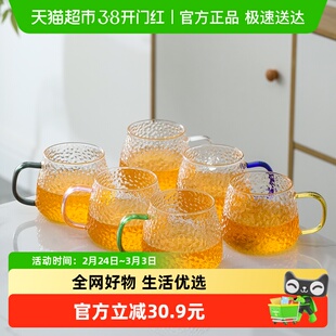 苏氏陶瓷 锤纹水杯带把泡茶杯森系彩柄玻璃六色简约菠萝杯450ml