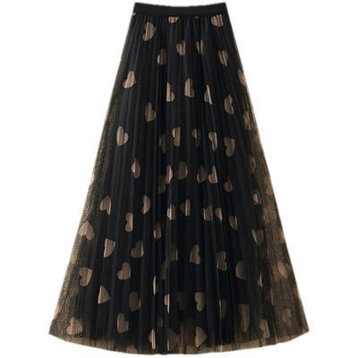 爱心印花网纱百褶仙女纱裙半身裙