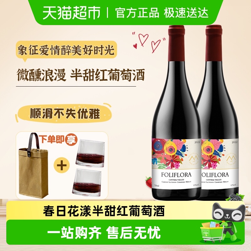 智利进口葡萄酒春日花漾半甜红葡萄酒赤霞珠葡萄酒装