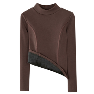 韩版半高领加绒修身长袖打底衫拼接显瘦体恤纯白修身内搭上衣女