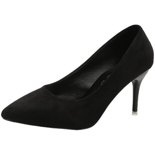 高跟鞋女胖脚脚宽6-8cm高跟鞋杏色绒面学生礼仪正装细跟中跟单ol3