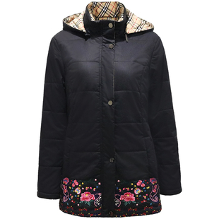 品牌中老年女装冬装新款黑色绣花中长款棉衣外套宽松保暖妈妈棉服