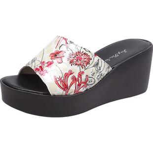 2025夏季新款原创高跟厚底牛皮拖鞋女外穿休闲舒适坡跟女鞋皮鞋