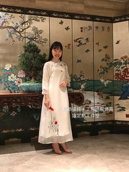 新中式夏姿三生三世白色真丝欧根纱纯手绣虞美人连肩袖旗袍连衣裙