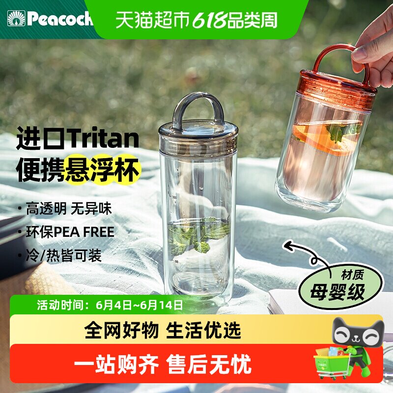 Peacock日本孔雀运动水杯提手高颜值便携随手杯tritan双层塑料杯