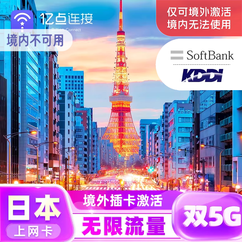 日本【无限流量】上网卡5G手机电话卡旅游sim卡SoftBank多网kddi