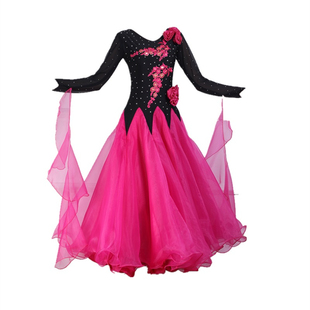 新款国标舞华尔兹演出服摩登舞连衣裙大裙摆立体花朵镶钻玫红亮片