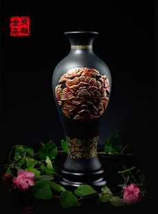 金乌炭雕富贵芙蓉玉堂春花瓶家居装 饰工艺品客厅电视柜炭雕大摆件