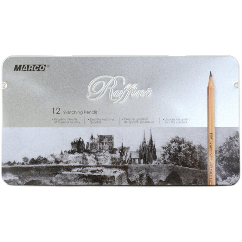 马可原木隐藏铅芯高级素描铅笔3H2B9B铁盒套装 学生绘图美术铅笔