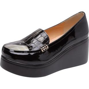 2026春季新款高跟厚底皮鞋树叶纹漆皮单鞋女圆头休闲坡跟女皮鞋