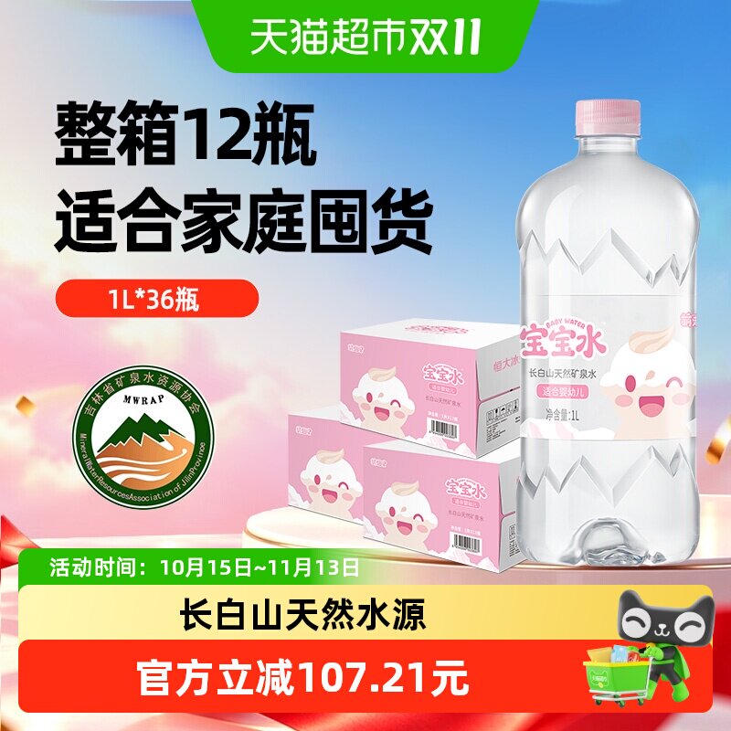 恒大冰泉天然矿泉水宝宝婴儿冲奶专用水婴幼儿矿泉水1L*12瓶*3箱