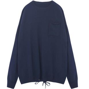 布景毛衣女秋冬简约贴袋宽松套头圆领系带设计感全羊毛针织衫3033