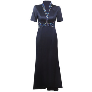 多丽琦优雅深V领钻饰礼服女短袖A字长裙显瘦名媛年会气质裙演出服